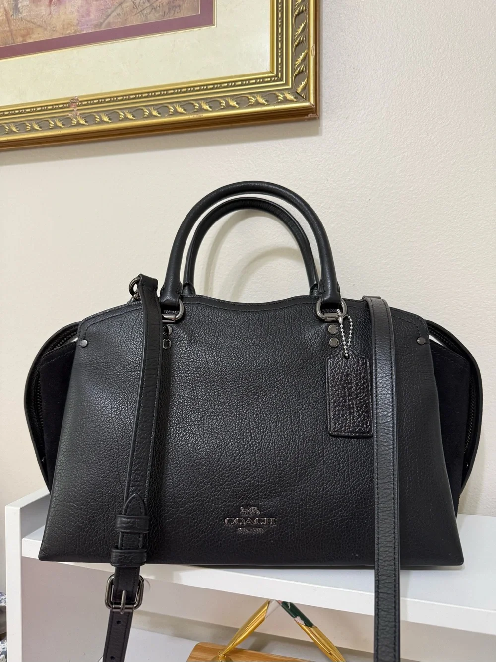 Coach Black Pebbled Leather Satchel with Suede Sides And Crossbody Strap